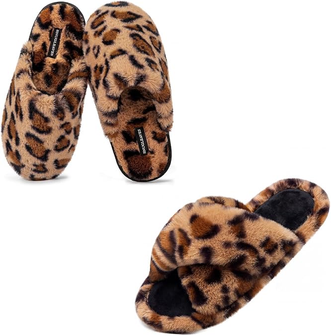 Snug Leaves Womens Slippers of 2 Pairs - Soft Fuzzy Comfy (Size7-8, Brown) - Fluffy Cross Band Open Toe (Size7-8, Brown)