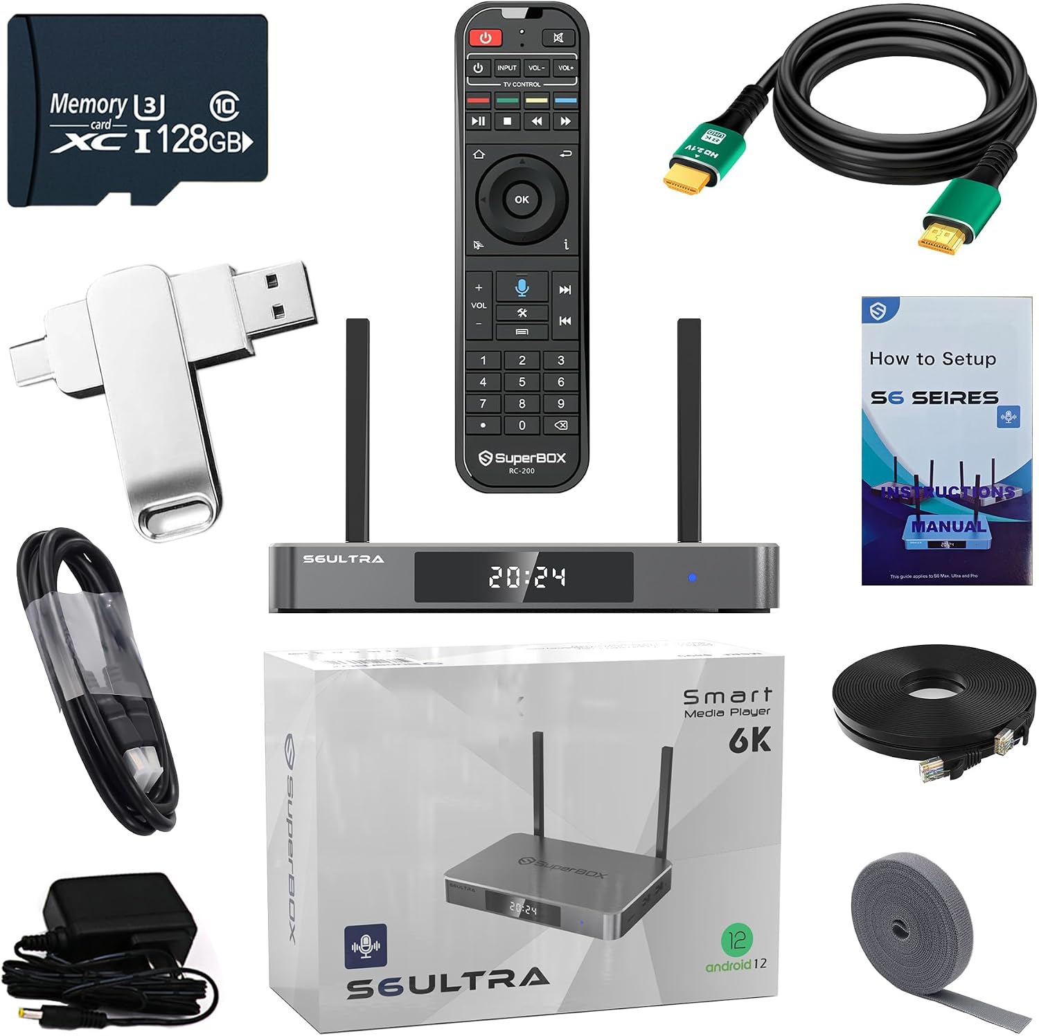 S6 Ultra, 2025 BLE5.0 Remote Control Box with Voice Tontrol, 128G TF Card and 64GB USB C Flash Drive 8K HD Cable, UTP Patch Cord,Cable Ties