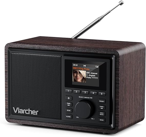 DAB/DAB& FM Digital Radio, Mains Powered DAB Radios with Bluetooth, Dual Alarms,Sleep Timer, 60 Presets, AUX IN, Headphone Jack, 2.4''Color Display Kitchen Radio Perfect for Home, Walnut
