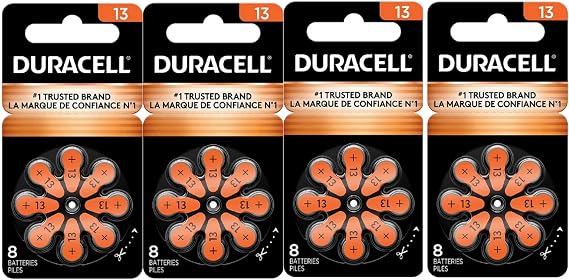 Duracell Hearing Aid Batteries Orange Size 13, 32 Count Pack, 13A Size Hearing Aid Battery with Long-Lasting Power, Extra-Long EasyTab Install for Hearing Aid Devices
