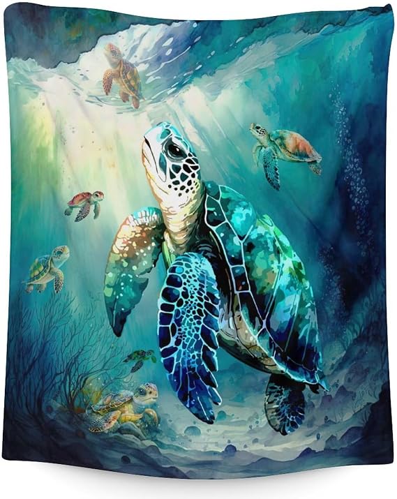 Turtle Blanket for Kids, Sea Turtle Throw Blanket Gifts for Boys Girls Turtle Lovers, 50x40 Flannel Blanket for Office Sofa Couch Chair, Cute Dark Green Turtle Stuff Decor for Home Bed