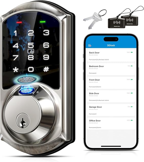Veise VE07 Fingerprint Smart Deadbolt Lock, App Control, Fobs, Satin Nickel