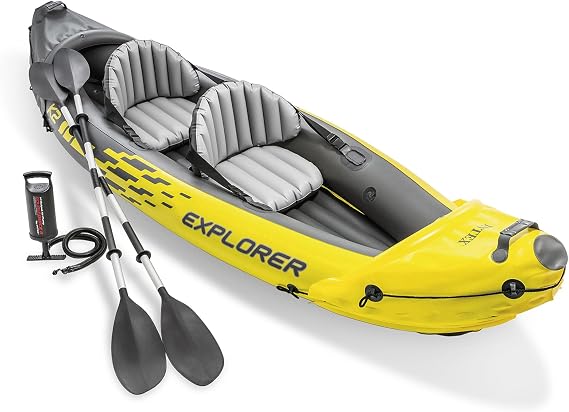 Intex 68307EP Explorer K2 Inflatable Kayak Set: Includes Deluxe 86in Aluminum Oars and High-Output Pump SuperStrong PVC Adjustable Seats with Backrest 400lb Weight Capacity
