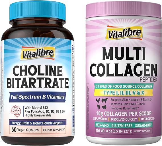 Multi Collagen Peptides Powder and Choline Bitartrate Supplements