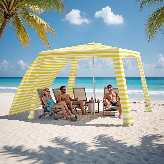 Beach Cabana-6.6x6.6Beach Canopy with Side Wall,Portable Umbrella Tent with Sand Pockets for Family & Friends,Easy Up Beach Sun Shelter for Outdoor Patios,Backyards,and Camping,Yellow Stripes