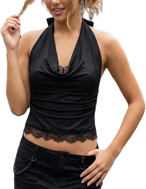 Women Lace Trim Halter Top Coquette Cowl Neck Tie Back Crop Tank Top Slim Fit Backless Camisole Going Out Tank