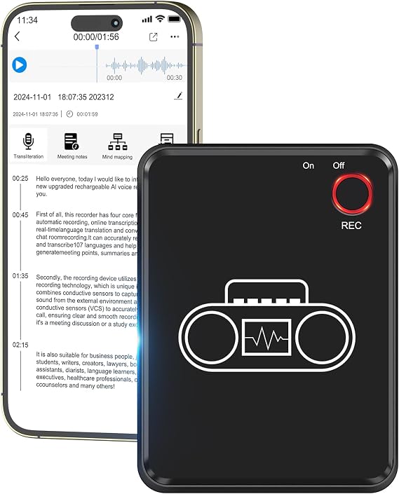 Portable AI Voice Recorder, Wireless Speech to Text Transcription Device, Smart AI Note Taking Assistant, Built-in Chat GPT, 59 Language Translator, AI Transcribe & Summarize for Meetings, Daily Calls