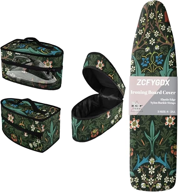 Easy Install Ironing Board Cover & Iron Organizer Bag Set - William Morris Floral Print 17x49 Breathable Elastic Edge with 3 Strap Fasteners + Durable Zippered Carry Case with Handle
