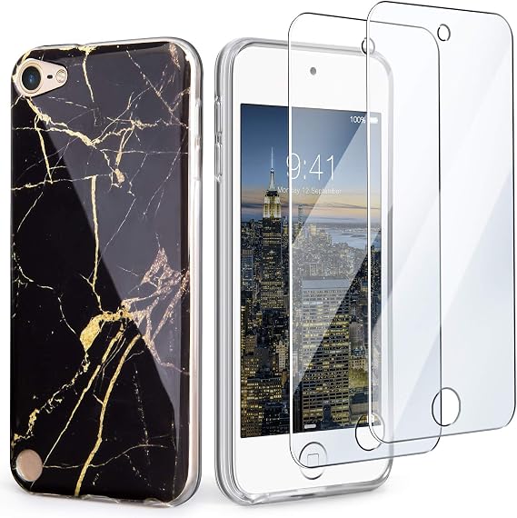 for iPod Touch Case with 2 Screen Protectors, for iPod 7/6/5 Marble Case, Slim FIT Anti-Scratch Flexible Soft TPU Bumper Hybrid Shockproof Protective Case for iPod Touch 5/6/7th, Black Marble