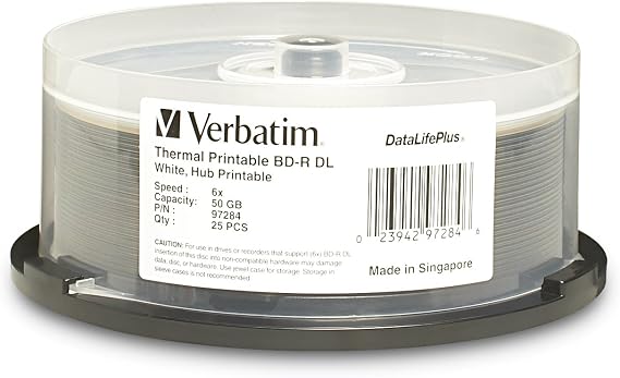 Verbatim Bd-R DL 50GB 6X Datalifeplus White Thermal Printable, Hub Printable - 25Pk Spindle
