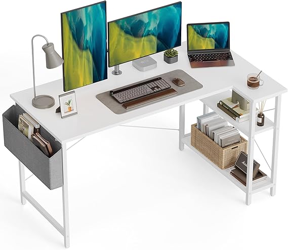 CubiCubi L Shaped Gaming Desk, 120x70 cm Computer Desk with Storage Bag, Office Desk Writing Table with Large Reversible Storage Shelves, Workstation for Study, Play, Work, Home Office, White