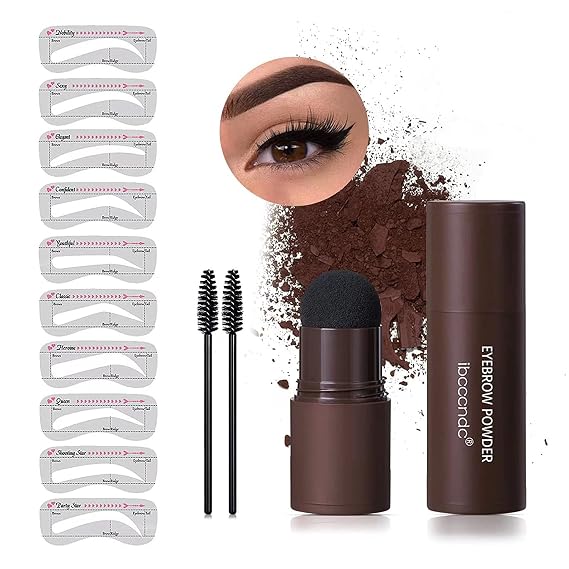 Eyebrow Stencil Kit, One Step Brow Powder Stamp Makeup with 10 Reusable Eyebrow Stencils&2 Eyebrow Pen Brushes, Professional Waterproof Brow Powder Stamp (Dark Brown)