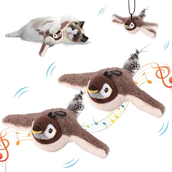 Interactive Cat Toy, Automatic Flying Bird Cat Toy with Feather Tail, Interactive Toy for Cat Bird Flying Wings, Cat Toy for Tweeting Bird Cat (2 Pieces)