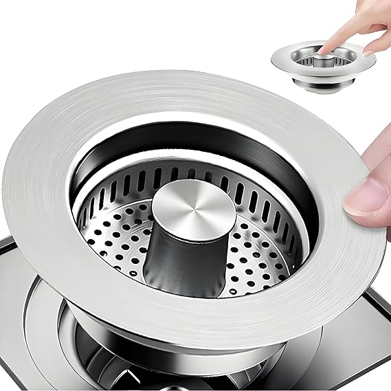 Abflusssieb Küchenspüle 3-in-1 Pop-up-Stopfen aus Edelstahl Tiefe >40 mm Abflussstopfen mit Pop-up-Funktion Siebkorb für Speisereste werkzeugloser Einbau Passform für 75-86-mm-Bohrungen