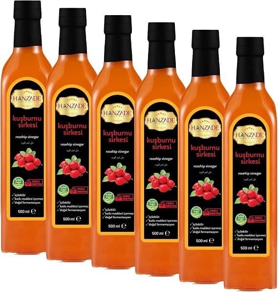 Hanzade Bitkisel Kuşburnu Sirkesi 500 ML x 6 Adet Doğal Fermantasyon İçilebilir Katkısız Cam Şişe