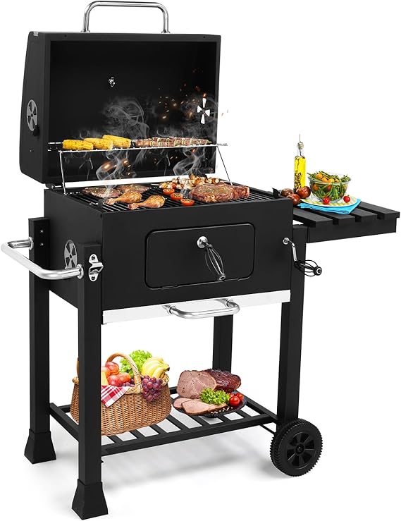 Large Charcoal BBQ Grill with Foldable Side Tables & Wheels | Portable Barbecue Grill with Adjustable Charcoal Tray, Outdoor Garden Barbecue Smoker for Camping Backyard Patio Party Picnic