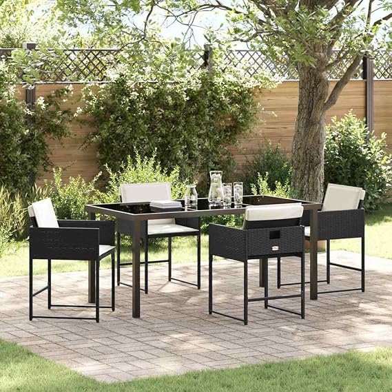 Modern Outdoor Dining Set 5-Piece with Cushions, Black Poly Rattan Patio Furniture for Garden, Backyard, Balcony, All-Weather Wicker Conversation Set