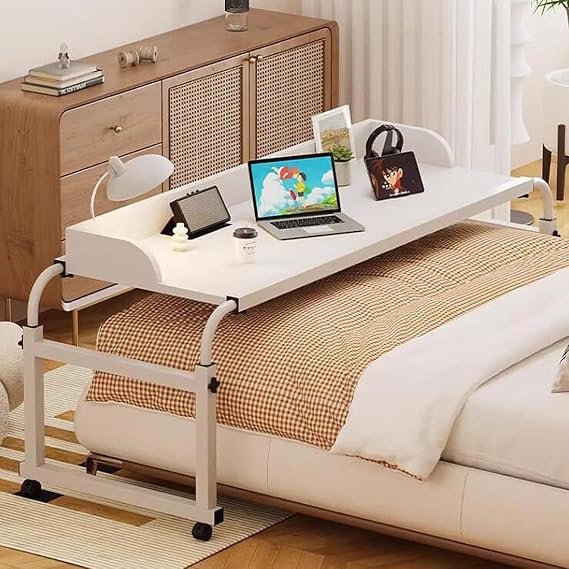 Bedtable Overbed Table with Wheels, Adjustable Height Over The Bed Table Desk King Size, Rolling Desk Over Bed, King Beds Rolling Medical Bed Desk for Hospital and Home