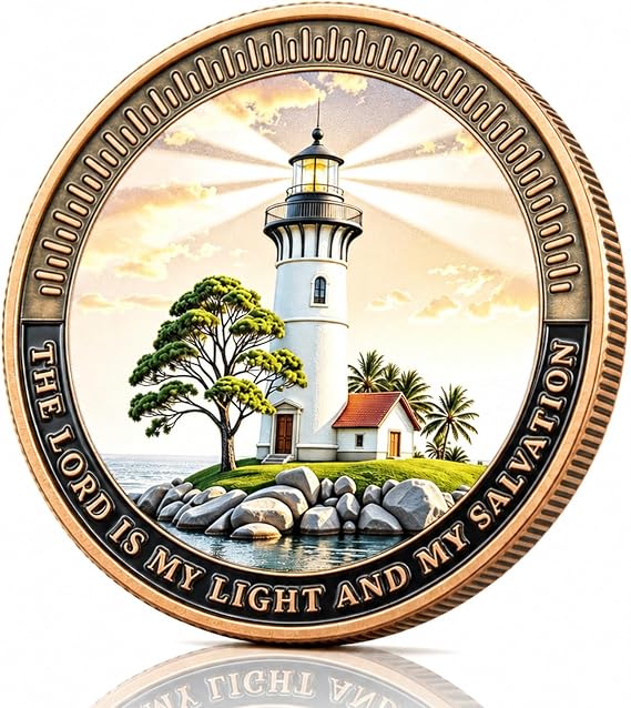 Christian Challenge Coin Faith Pocket Token Inspirational Psalm 27:1 Dual-Sided Lighthouse Medallion, Religious Gift for Men, Women, Baptism, First Communion