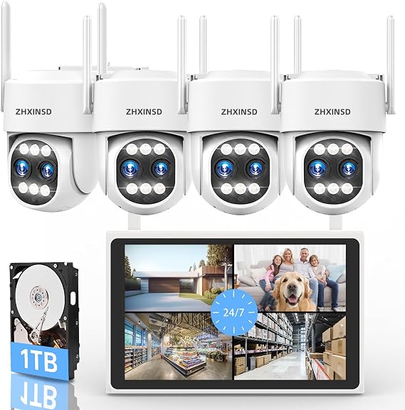 Security Camera System Outdoor Wireless for Home, ZHXINSD Dual Lens 6MP 10X Hybrid Zoom 360 Auto-Track 4 Cameras Set with 12.5" Monitor, 2.4/5G
