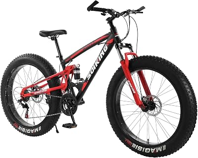Fat Tire Mens Mountain Bike, 17-Inch Medium High-Tensile Frame 26 Inch Mountain Bike Wheel Set, Double Disc Brake and Suspension Anti-Slip Bikes for AdultTeens Black
