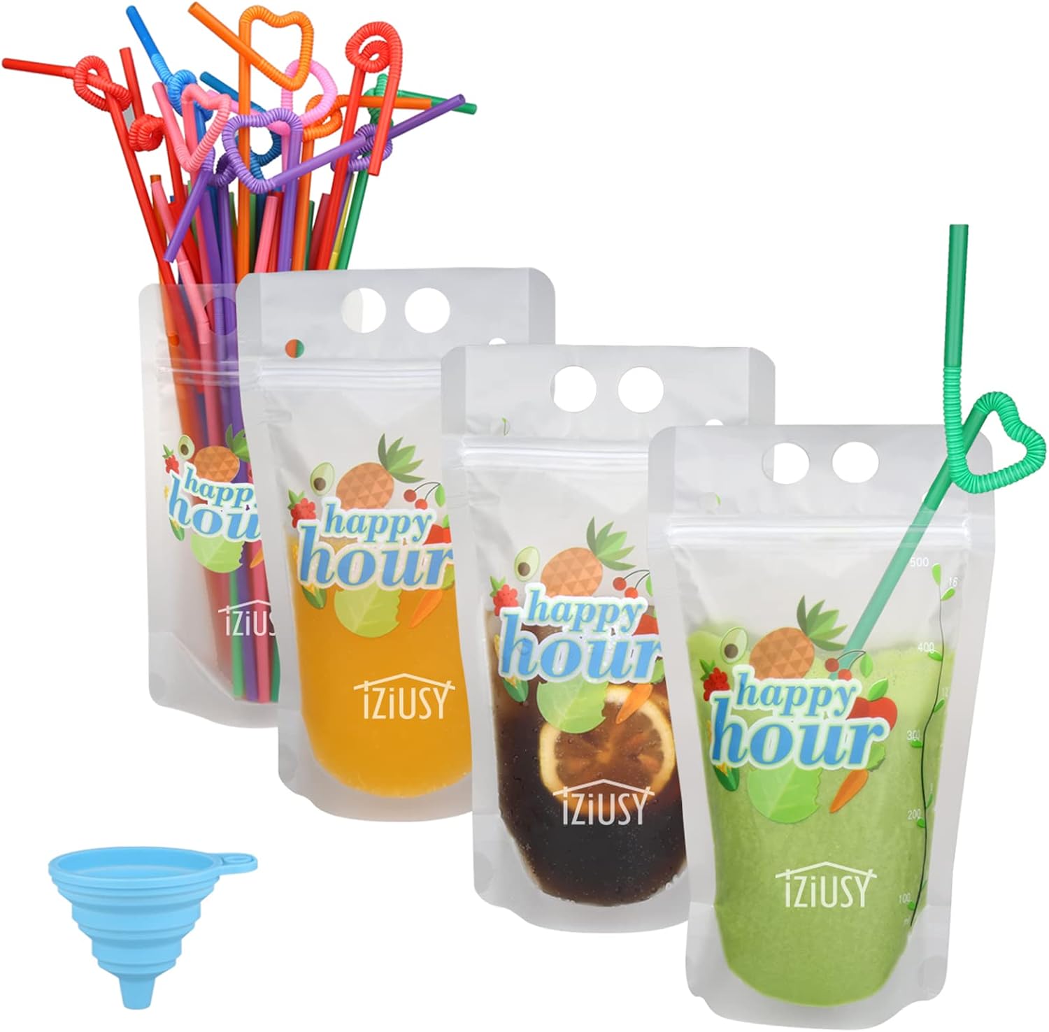 120 Pcs Zipper Plastic Pouches Drink Bags Heavy Duty Handheld Translucent Frosted Reclosable Stand Up Bags with 2.4" Bottom Gusset, 120 Straws & Funnel
