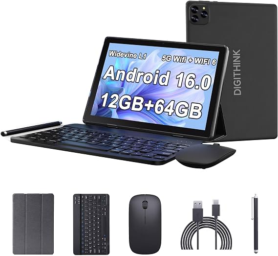 DIGITHINK Tablet Andriod 15 10 Inch 12 (3+9) GB RAM 64GB ROM 2TB Expand,1280 x 800 IPS Screen 5G WiFi 6 BT5.0 Dual Camera,2 in 1 Tablets with Keyboard Case Mouse Stylus 6000mAh Battery (Black)