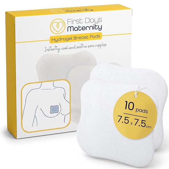 First Days Maternity - Hydrogel Breast Pads for Sore Nipples, Instant Cooling Relief, Suitable for All Skin Types, Pads with Soft Fabric Backing and 1 mm Thickness, 7.5 cm x 7.5 cm, Pack of 10 Pads
