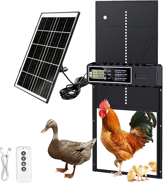Automatic Chicken Coop Door Solar Powered,All-Weather Chicken Coop Door with Timer&Manual Mode, Anti-Pinch Design,7W Solar Panel,LCD Display,Easy Install Auto Chicken Door Opener