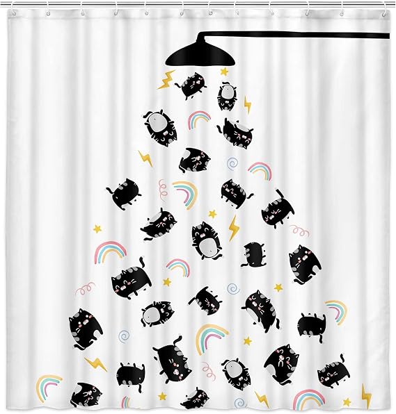 Cat Shower Curtain Funny Cute Cartoon Animal Raining Head Modern Cool Black Cat Rainbow Hilarious Lovely Bathroom Shower Curtains Waterproof Polyester Fabric Bathroom Hooks 71X71 Inch