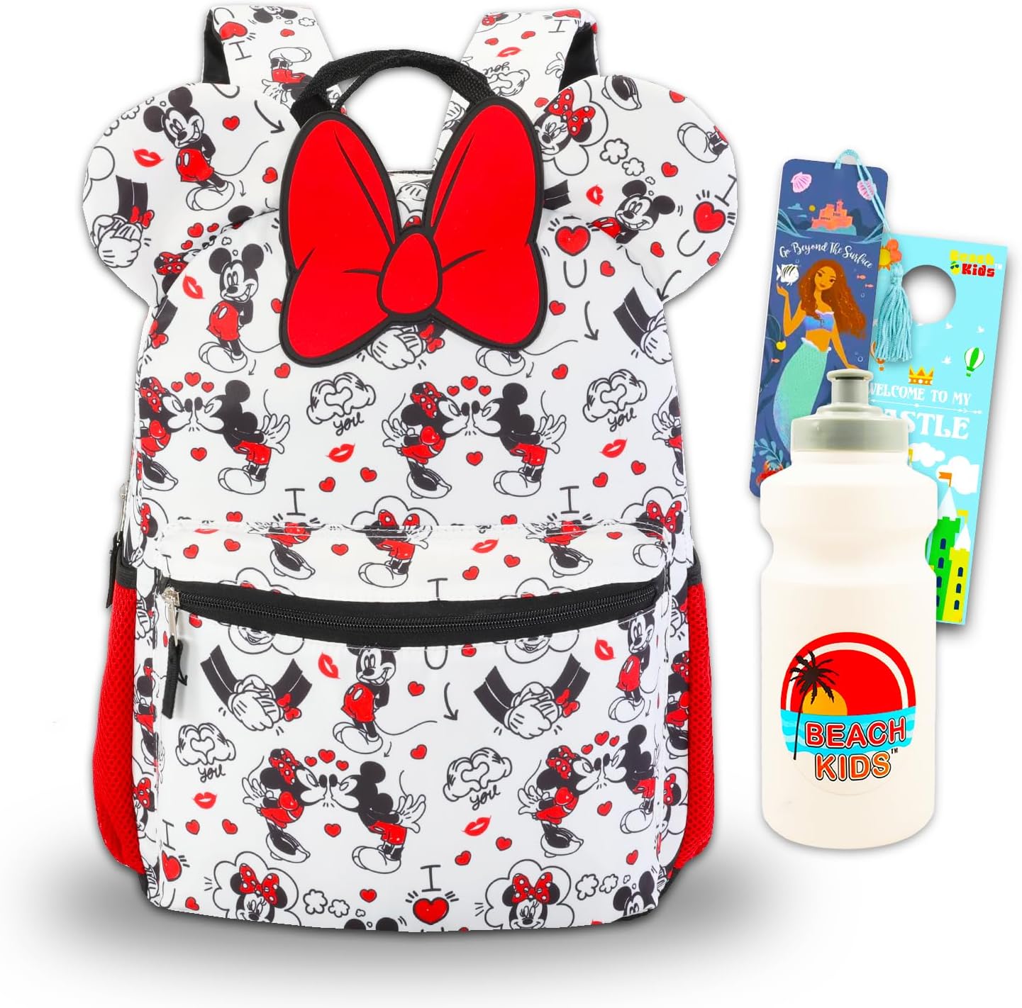 Minnie Mouse Backpack for Girls and Kids - 16 Minnie Mouse Nylon Backpack with 3D Ears Bundle with Water Bottles, Bookmarks and More | Deluxe Minnie Backpack for School, Multicolor, Minnie Mouse