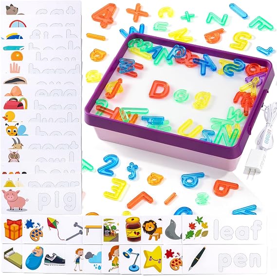 Odoorgames Light Box with Letters, Numbers & Cards Set Light Table for Kids, Educational Toys for Tracing, Sensory Play & Early Learning (Purple)