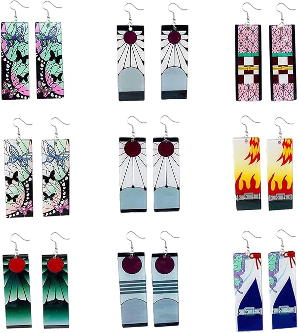 Tanjiro Earrings, 9 Pairs Anime Demon Slayer Earrings For Women Trendy Tanjiro Cosplay Jewelry Exquisite Cosplay Anime Drop Unique Creative Dress-Up Earrings Accessories For Women Double-Sided Acrylic