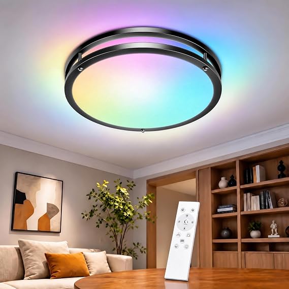 libtit 13 Inch RGB Flush Mount Ceiling Lights with Remote, 24W 3000K-6500K&Dimmable, LED Light Fixture with Nightlight and Timer for Bedroom Livingroom Bathroom-Black