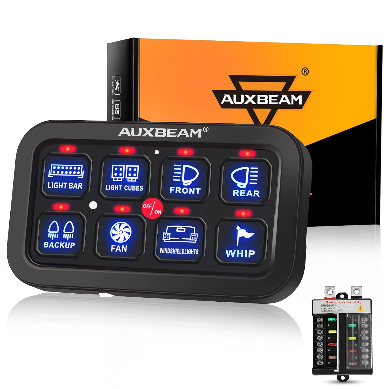 Auxbeam 8 Gang Switch Panel BB80, Universal Circuit Control Relay System Box with Automatic Dimmable On-Off LED Switch Pod Touch Switch Box for Car Pickup Truck Boat UTV SUV, Blue