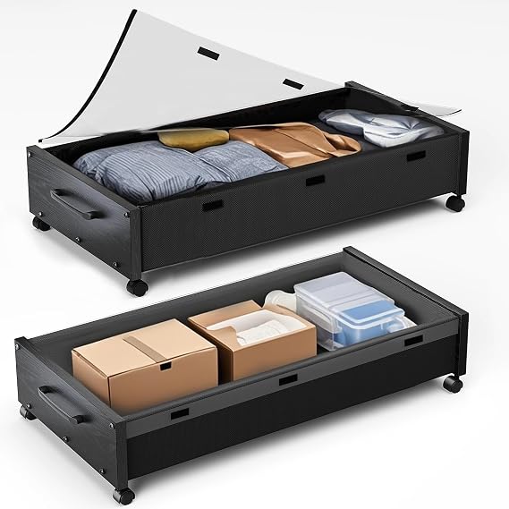 Under Bed Storage with Wheels, 2 Packs Wooden Storage Containers Extra Large Underbed Shoes Organizer, Rolling Under Bed Storage Drawers with Clear Lid, Heavy Duty for Clothes Toys 36"L (Black Wood)