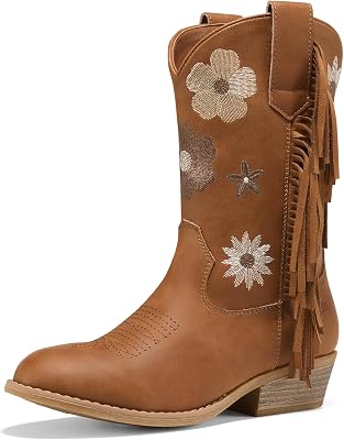 Rollda Girls Cowboy Boots, Cowgirl Boots with Tassel, Floral Embroidered Kids Western Boots for ToddlerLittle KidBig Kid