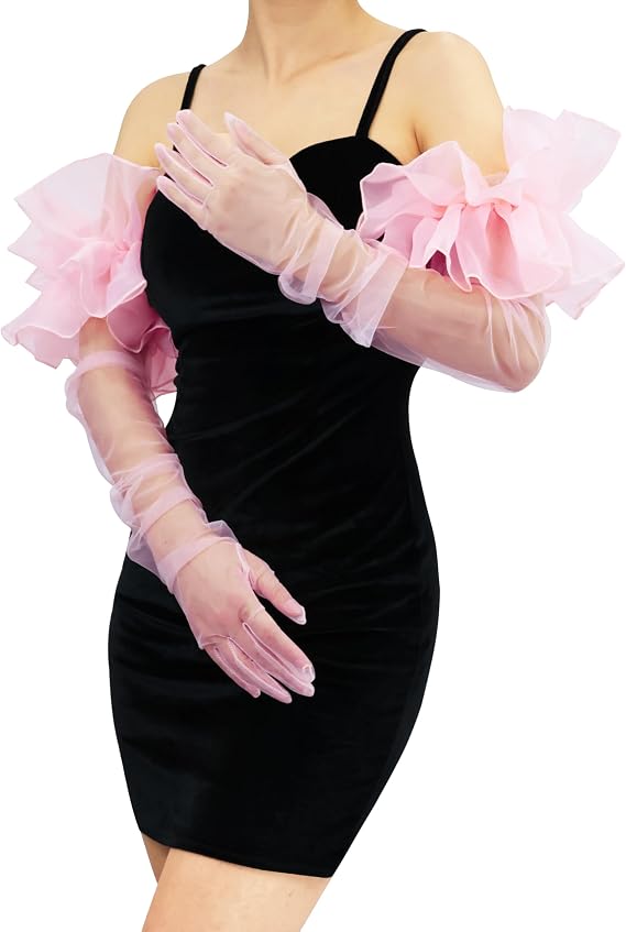 Women's Super Puff Sheer Long Gloves Oversize Tulle Mesh Gloves