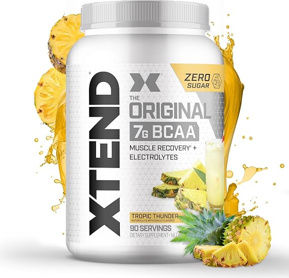Xtend Original BCAA Powder with Zero Sugar, 7g BCAA, 90 Servings | Tropic thunder apple flavor with Zero sugar and 7g BCAAs for muscle recovery, hydration and performance.