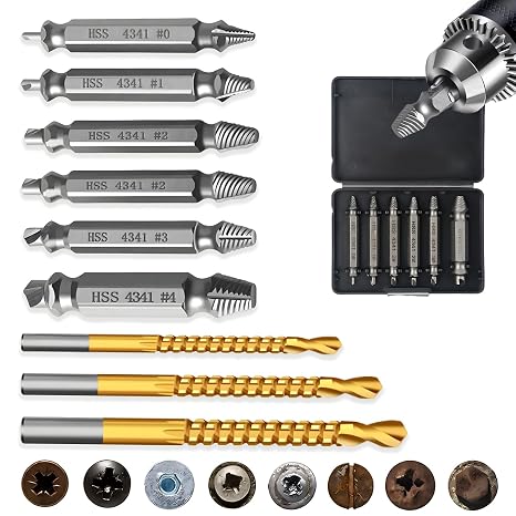 9 PCS Damaged Screw Extractor Set, 6 PCS Screw Extractor Remover Kit and 3 Twist Drill Bit Kit, Bolt Extractors Sets General Bit Sets Double Ended for Damaged Broken Stripped Screws 