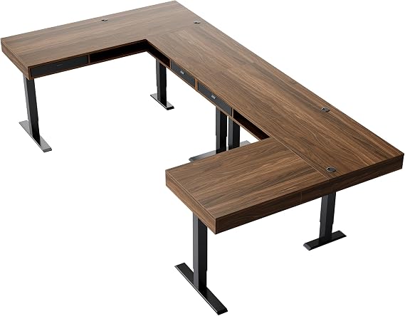 HUANUO U-Shaped Electric Standing Desk with Storage Drawers, Adjustable Height Ergonomic Gaming Desk, Large Sit Stand Up Desk with Power Strip Tray & Cable Grommets for Home Office, Walnut