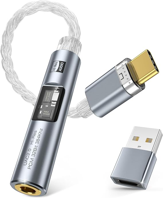 USB C to 3.5mm Audio Adapter with Dual Chip CX31993 MAX97220 DAC & HiFi Amplifier, 8-Strand 4N Single Crystal Silver-Plated Copper Cable,USBC to Headphones Aux Dongle for Android iPhone 17/16 PC Mac