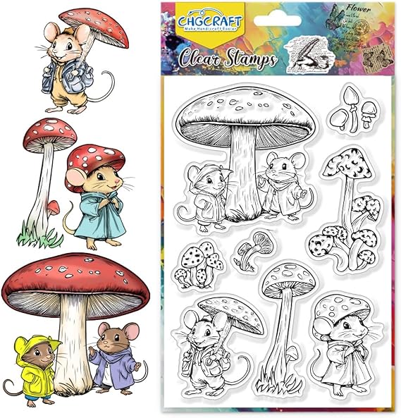 CHGCRAFT Mouse Mushroom Umbrella Clear Silicone Stamps Transparent Craft Stamps, for DIY Scrapbooking Card Making Photo Journal Album Decor 4.3x6.3 Inch