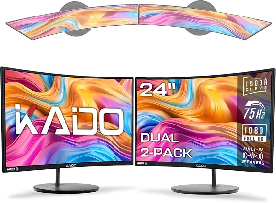 Kado 2-Pack Dual 24" Curved 1500R 1920x1080 75Hz FHD Computer Monitor | Dual Monitor Setup HDMI Office Gaming Hybrid, VESA Wall Mount Arm Mount Built-in Speakers, Panoramic Display Multi-tasking