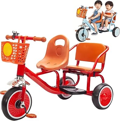 Red,JIYIAN Kids Tricycle,Backrest Wide Footrest of Rear Seat Child Trike Cute Basket Toddler Baby Ride on Bike Toy 3-Wheel Bike with 2-Seater and 3 Wheels for Twins Boys Girls