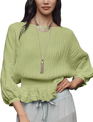 Omoone Womens Pleated Ruffled Sweater 34 Puff Sleeve Open V-Back Elastic Waist Flattering Flowy Waisted Knit Top