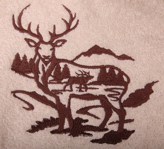 Bath Towel Set with Embroidered ELK Silhouette - Beige Terry