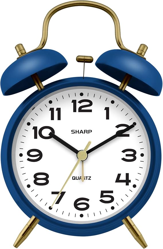 Sharp 4-Inch Twin Bell Alarm Clock for Heavy Sleepers (Matte Navy) | Extra-loud metal bell alarm, quiet quartz movement, press-button backlight, rustic bronze accents, battery operated