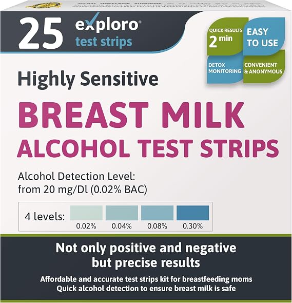 Exploro Breast Milk Alcohol Test Strips for 20 mg/dl, Breastmilk Alcohol Testing Strips for Mother's Milk, Alcohol Test Strips for Breastmilk Get Instant Results in 2 Minutes (Pack of 25)