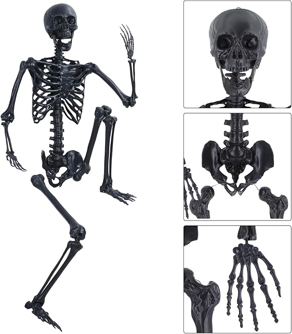 5.4Ft Halloween Skeleton Full Body Life Size Human Bones with Movable Joints Pose Skeleton Prop Decoration with Hanging Hole for Indoor Outdoor Halloween Props Decorations Black